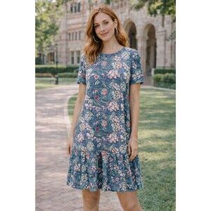LOFT Floral Flounce Hem Shift Dress Blue Pink Short Sleeve Sz. M Relaxed NWT